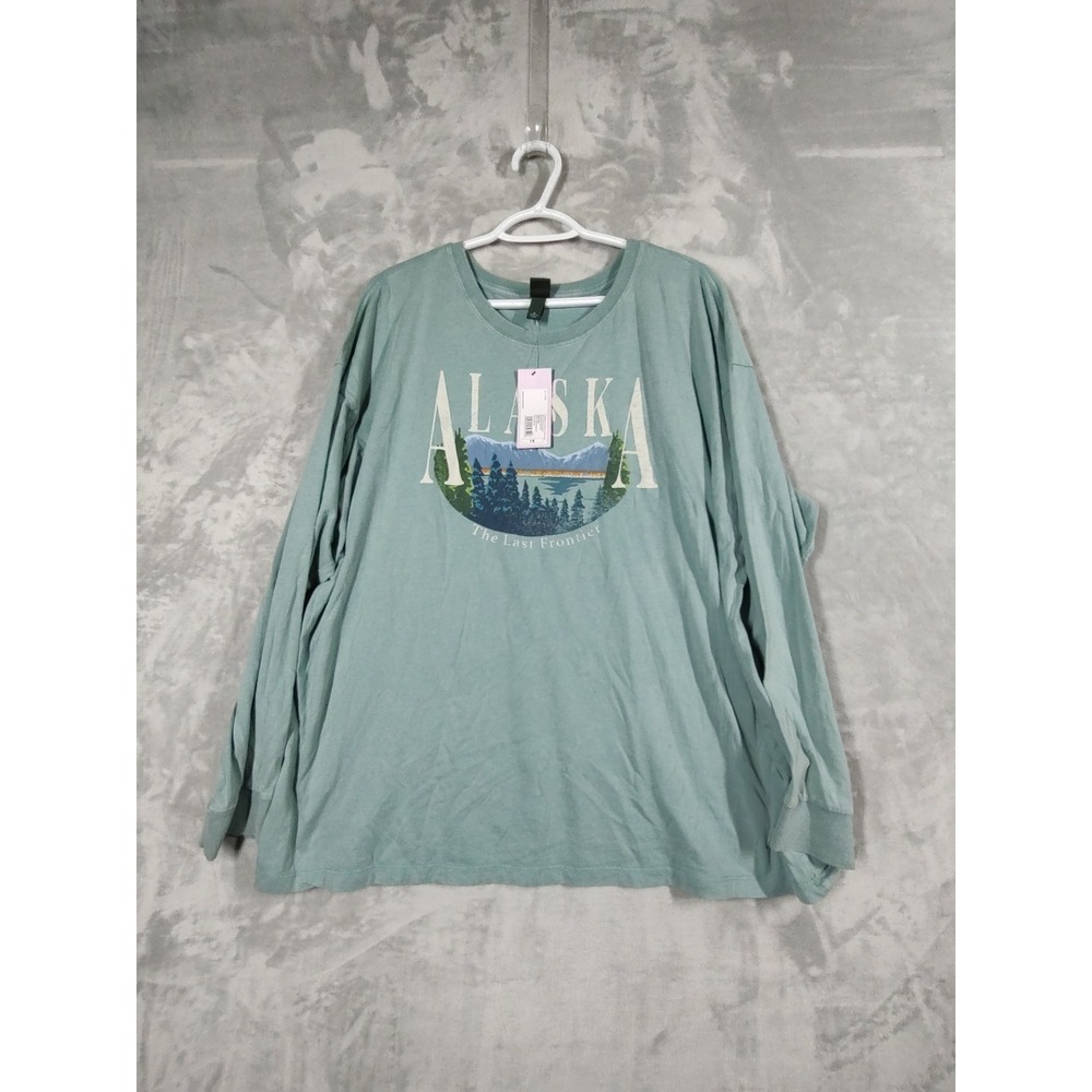Wild Fable Alaska The Last Frontier Graphic Long Sleeve Tee Teal Green 1X NEW